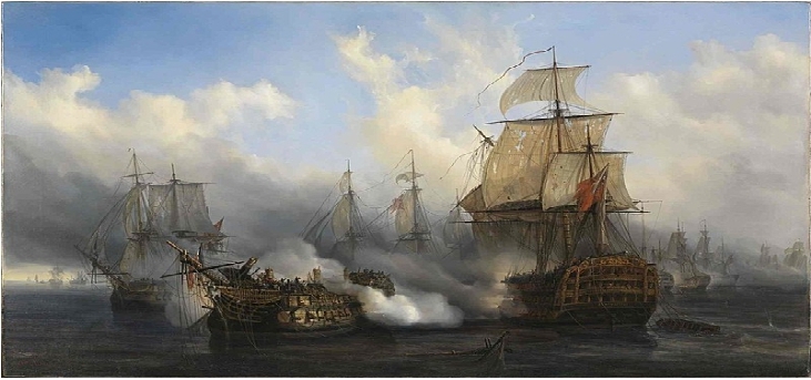 Batalla de Trafalgar una andanada del HMS Sandwich durante la batalla de Trafalgar