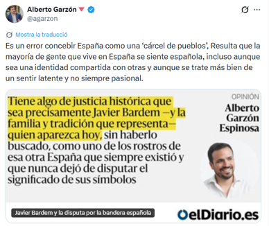Tuit d'Alberto Garzón sobre la bandera i el patriotisme